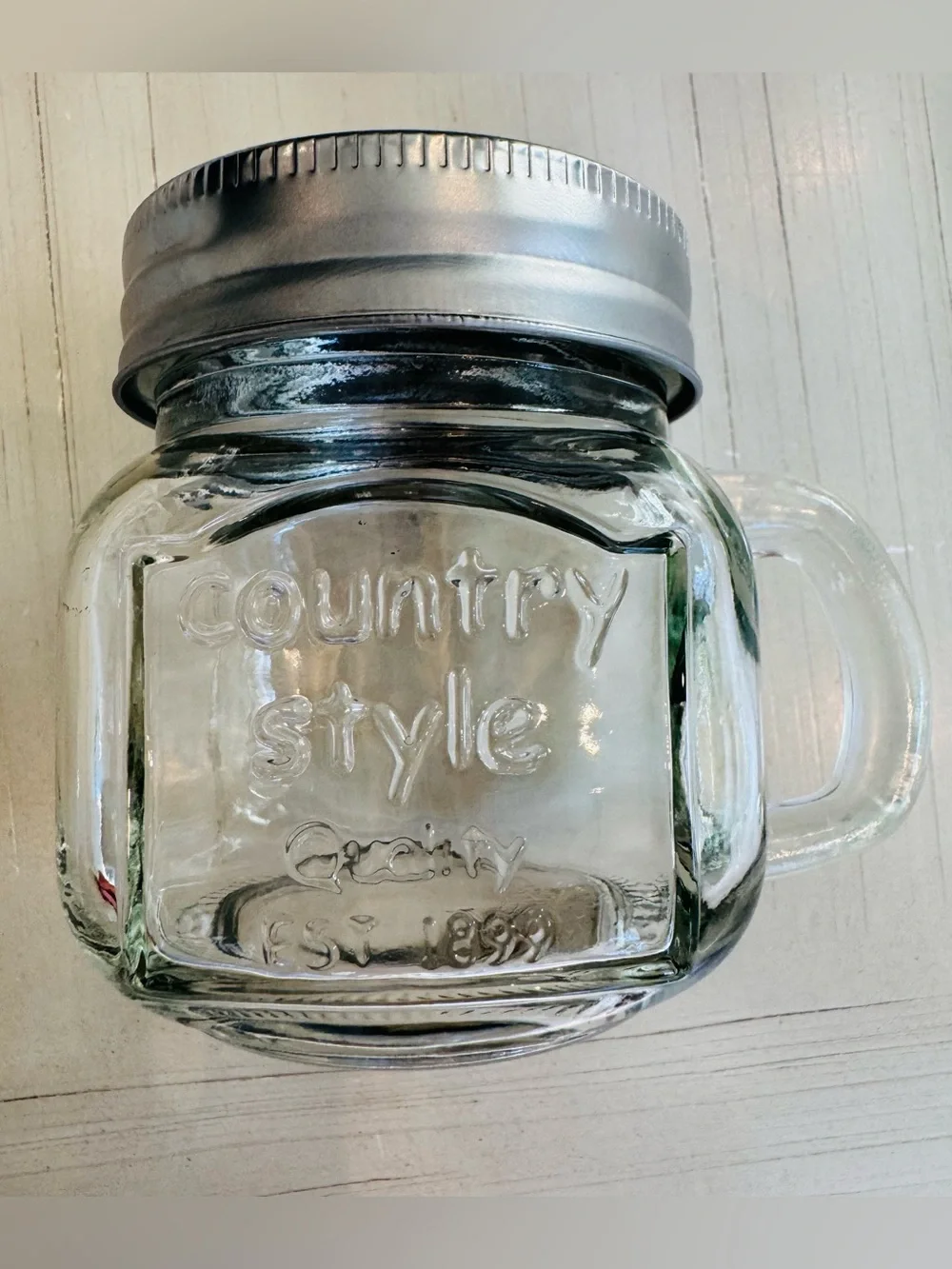 Country Style Mini Glass Mason Jar Mug w/ Handle & Silver Lid - 3.5” - Like New